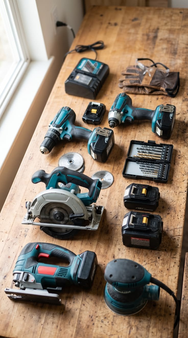 Outils électroportatifs sur un établi en bois